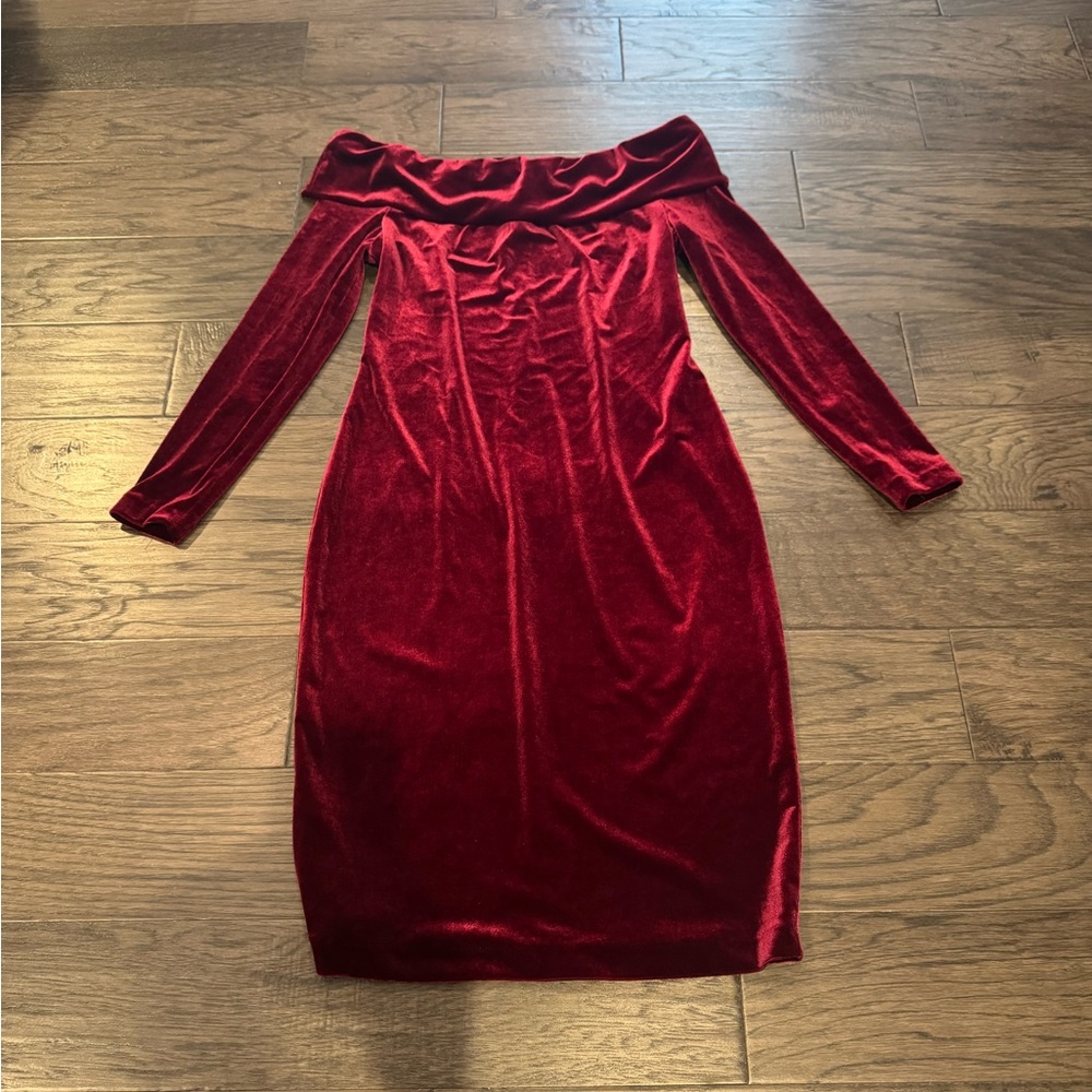 Calvin Klein Off-Shoulder Velvet Long Sleeve Dress - Deep Red